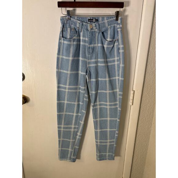 Boohoo Blue/White Windowpane Jeans 4 Academia Classic Preppy Cottagecore - Picture 1 of 9